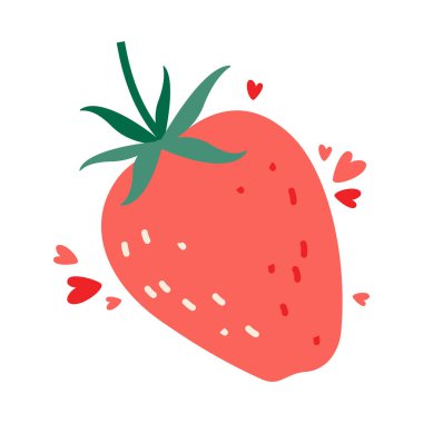 Kırmızı böğürtlen ve şirin kalpler. Sevgililer Günü. Kumaşlar için yaz şablonu, selamlar, davetiyeler, ambalajlar, çocuklar için baskı, çıkartmalar. Vektör çizimi izole edildi