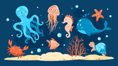 Okyanus Hayvanları. Deniz hayatı unsurları. Denizanası, Yengeç, Kaplumbağa, Ahtapot, Balık, Mercan, Denizyıldızı, Deniz atı, Balina, Anchor. Kızlar ve oğlanlar için deniz yaratıklarına sahip çocuksu deniz piyadesi Bebek partisi ve doğum günü