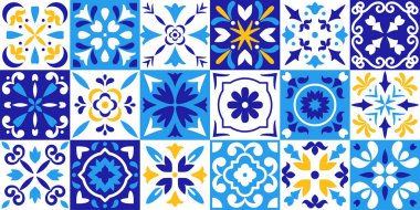 Akdeniz porselen çömleği. İspanyol, Portekiz İtalyan Mavisi ve Sarı Fayanslar. Etnik halk süsleri. İspanyol majolikası, arabesk motifi. Meksikalı Talavera. Vektörsüz desen