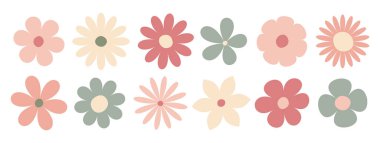 70 'lerin tarzında moda papatya çiçekleri. Retro çiçek vektör tasarımı y2k. Eski tarz. Parlak renkli çocuklar için çağdaş minimalist trend vektör çizimi 