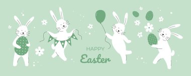 Mutlu Paskalya Tavşanları, Paskalya Yumurtaları ve Çiçekleri. Oyuncu Tavşanlar. Tebrik kartı, poster ve kapak için güzel bir tatil tasarımı. Bahar Vektörü çizimi izole edildi 