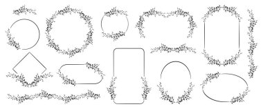 Düğün davetiyeleri ve kartlar için botanik çerçeveler, monogram, logo tasarımı, kapaklar, posterler. Şeffaf arkaplanda dalları ve yaprakları olan vektör ayarlandı