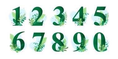 Rakamlar 1, 2, 3, 4, 5, 6, 7, 8, 9, 0 ve botanik yaprakları. Doğal stil. Düğün davetiyeleri, doğum günleri için vektör öğeleri, tarih kartları, logolar, posterler kaydet