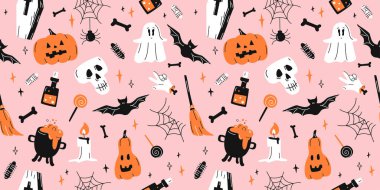 Güzel Cadılar Bayramı seti. Son moda ürkünç karakterler. Cadılar Bayramı balkabağı, zombi eli, ağ, yarasa, tabut, süpürge, hayalet, kafatası, şeker, cadı iksiri. Ürkütücü, pürüzsüz desen. Çocuklar özgeçmiş, ambalaj, giysi, örtü, tekstil, kumaş için parmak izi alıyorlar. Vektör çizimi