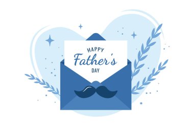 Babalar Günün kutlu olsun, tipografi tasarımı, Mavi Zarf, Bıyık, Yıldızlar ve dekoratif yapraklar. Tebrik kartı, poster, broşür, sosyal medya için tatil ilanı. Vektör illüstrasyonu beyazda izole edildi