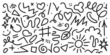 Girdaplar, yıldızlar, çemberler, kalpler, işaretler, noktalar, keneler ve dalgalı çizgiler. Saf ve soyut soyut şekiller, düzenlenebilir vuruşlarla şekiller. Vektör illüstrasyonu beyaz arkaplanda izole edildi