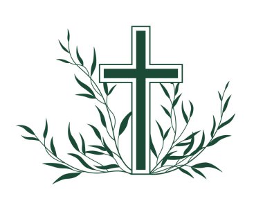 Botanik yeşilliği ve haç. Vaftiz töreni. Vaftiz töreni. Kutsal Ruh. Kilise için haç ve yeşil yapraklar, Hıristiyanlık, takvimler, tatil kartları, davetiyeler, vaftiz. Paskalya Katolik dini sembolü. Vektör çizimi izole edildi
