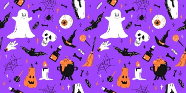 Cadılar Bayramı balkabağı, zombi eli, ağ, yarasa, tabut, süpürge, hayalet, kafatası, şeker, cadı iksiri. Ürkütücü, pürüzsüz desen. Çocuklar özgeçmiş, ambalaj, giysi, örtü, tekstil, kumaş için parmak izi alıyorlar. Mor arkaplanda izole edilmiş vektör illüstrasyonu