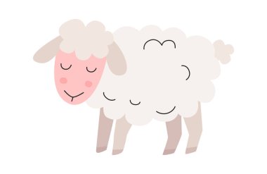 Şirin bebek koyunlar. Çocuklar, Kızlar, Erkekler için Tasarım, çocuksu kumaş, davetiye, bebek duş kartları, çiftlik baskısı, tişört. Vektör çizimi izole edildi