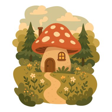 Peri Ormanı Mantar Evi. Yumuşak, düz bir vektör tarzıyla çizilmiş, ormanda yuva yapmış tuhaf bir mantar evi. Cottagecore, Peri Masalları ve Orman Titreşimleri aşıkları için mükemmel