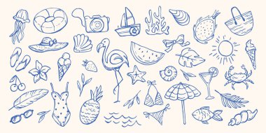 Yaz tatili. El çizimi İtalyan tatil unsurları mavi renkte. Deniz hayatı karalaması. Coastal Mediterranean vektörü kart, parmak izi ve düğün davetiyesi koleksiyonunu izole etti