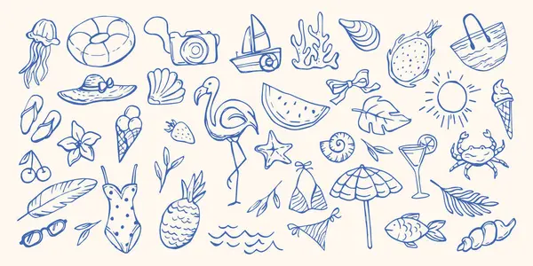 Yaz tatili. El çizimi İtalyan tatil unsurları mavi renkte. Deniz hayatı karalaması. Coastal Mediterranean vektörü kart, parmak izi ve düğün davetiyesi koleksiyonunu izole etti