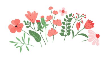 Bahar renkli çiçek koleksiyonu. Yaban çiçekleri, yaprak dalları. Tebrik kartları, dekor, Paskalya, Şükran Günü, bebek partisi için el çizimi çiçekler.