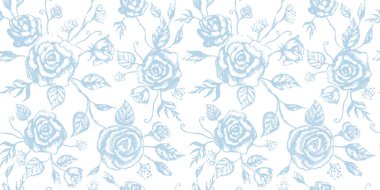 Çiçeksiz, gül ve yaprakları mavi renklerde olan Fransız klasik çiçek desenli. Selamlama, bebek partisi, düğün, doğum günü, davetiye kartları için sonsuz bir geçmiş. Vektör illüstrasyonu