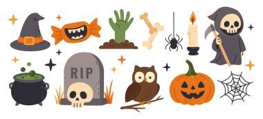 Cadılar Bayramı seti: cadı şapkası, dişli şeker, zombi eli, mum, iskelet, balkabağı, mezar taşı, örümcek, kazan, baykuş. Bebek ürünleri, parti davetiyeleri, hatıra defteri, baskılar, mallar için.