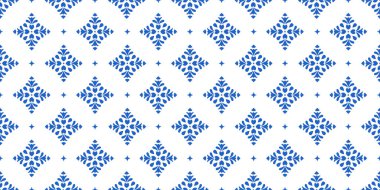 Mavi Çiçek geometrik kusursuz desen, Akdeniz Seramiği. Sicilya, Portekiz, İspanyol fayans geleneksel tasarımı, porselen çanak çömlek. Beyaz arkaplanda izole edilmiş vektör