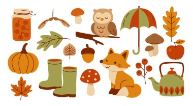 Sonbahar sezonu. Baykuş, Tilki, Balkabağı, Mantar, Lastik bot, Jam, Meşe, Kettle, Şemsiye. Sonbahar Ormanı. Elle çizilmiş biçimdeki sonbahar ögelerinin koleksiyonu
