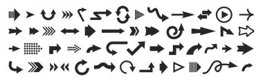Siyah Ok Simgeleri. İmleç koleksiyonu, yukarı, aşağı, sol, sağ simge, eğri ve düz okları gösteriyor. Web tasarımı, mobil uygulamalar, arayüz ve daha fazlası için ok işaretleri. Vektör illüstrasyonu beyazda izole edildi