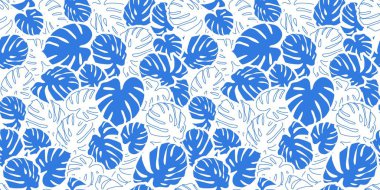 Palmiye yaprakları pürüzsüz desen. Mavi Tropikal Yapraklar, Plaj Partisi Sonsuz Yaz Arkaplanı. Baskı için botanik doku tasarımı, egzotik parti davetiyesi, duvar sanatı ve duvar kağıdı