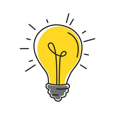 Doodle tarzında ışınlı ampul. Fikrin sembolü, yaratıcılık, ilham. Ampul yandı. Elektrik, Enerji konsepti. Düz vektör çizimi beyaz arkaplanda izole edildi