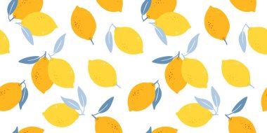 Elle çizilmiş sarı limon ve mavi yapraklı kusursuz desen. Akdeniz turunçgilleri, duvar kâğıdı, ambalaj, kumaş, yaz partileri, mutfak dekorasyonu için sonsuz tasarım. Vektör illüstrasyonu