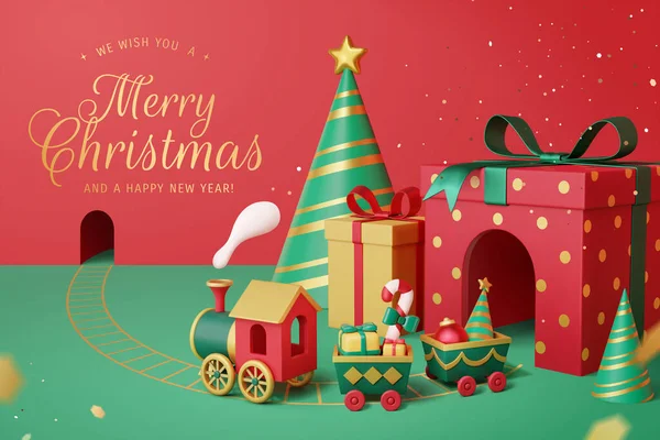 从点点红色礼品盒中通过隧道的玩具火车的3D图像 绿色圣诞晚会帽装饰成红色背边上的群山 — 图库矢量图片