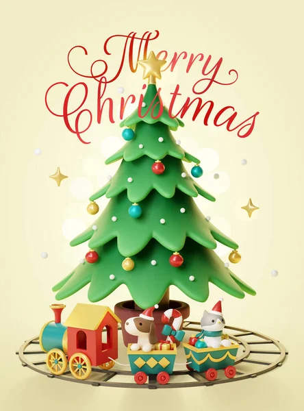 3Dクリスマスツリーは黄色の背景に下に行くおもちゃの列車とカラフルなボールで飾られました — ストックベクタ