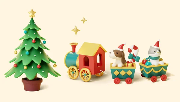 Ilustración Árbol Navidad Maceta Tren Juguete Cargado Con Carga Festiva — Vector de stock