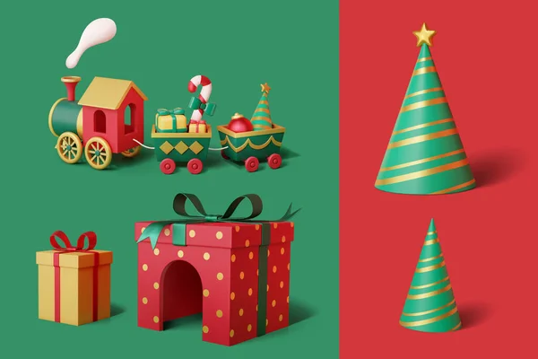 在绿色背景下隔离的可爱火车和礼品盒的3D图解 红边的绿色条纹圣诞晚会帽 — 图库矢量图片