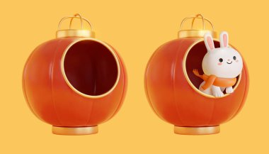 Altın kenarlı ve saplı 3 boyutlu bir fener tasviri. Turuncu eşarp takan bir tavşan kafasını diğerinin içinden çıkarır..