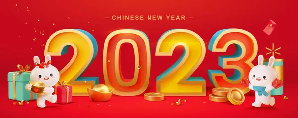 Ilustração Dois Coelhos Comemorando Ano Novo Chinês Frente Número 2023 — Vetor de Stock