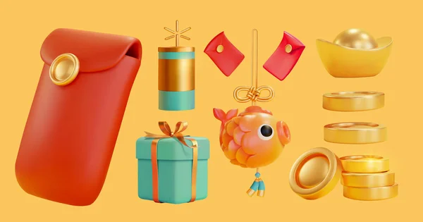 Illustration Objets Fête Chinois Comprenant Des Enveloppes Rouges Des Décorations — Image vectorielle