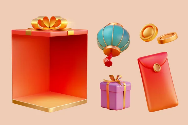 Illustration Boîte Cadeau Rouge Géant Pour Affichage Lanterne Turquoise Cadeau — Image vectorielle