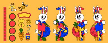 Illustration of rabbit door gods in Chinese costumes holding carrots, coins, and sycees in arms. Festive objects isolated on orange background clipart