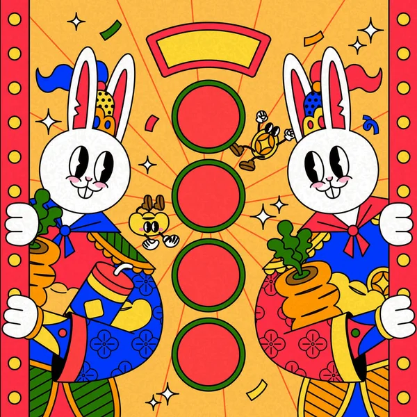 Ilustrace Páru Králičích Dveří Bohů Čínských Kostýmech Držících Mrkev Mince — Stockový vektor
