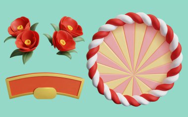 3D Illustration of round shape red white shimenawa with radial wreath, flowers and orange gold banner isolated on cyan background. clipart