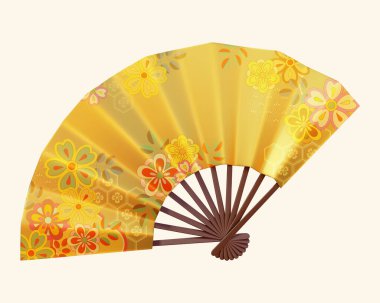 Japon geleneksel altın çiçek desenli bej arka planda katlanan fanın 3D görüntüsü.