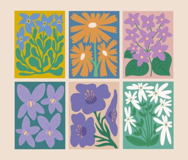 Açık bej arka planda izole edilmiş renkli çiçek elementleri koleksiyonu. Bahar mevsimi ya da şenlikli dekorasyon için uygun.