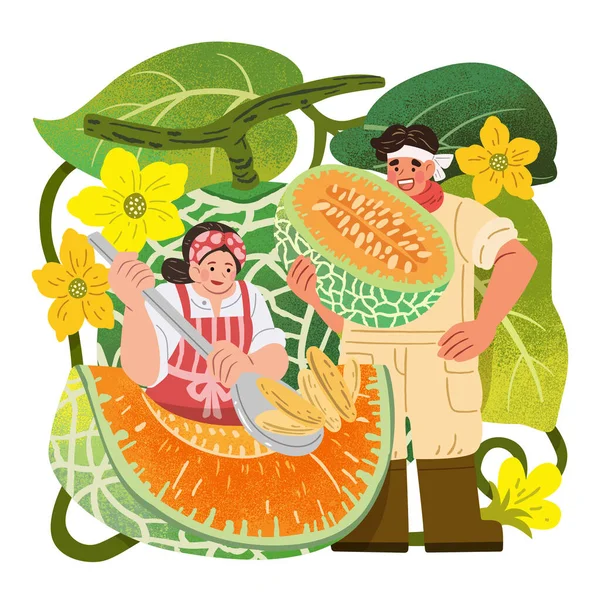 Illustration Miniature Couple Holding Cut Melon Scoop Out Seeds Melon — Image vectorielle