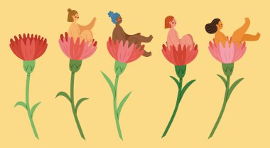 Illustration of cute miniature women sitting on carnation flowers isolated on yellow background. Elements suitable for International Women's Day or Mother's Day