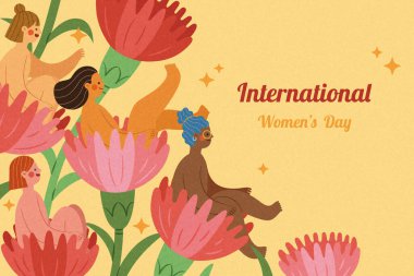 Illustration of cute cartoon female miniature people sitting on pink flowers. Suitable for International Women's Day.