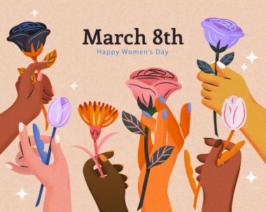 Illustration of hand drawn hands holding flowers for International Women's Day celebration on beige background.