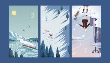 Illustration of winter season in 24 solar terms.Train passing through meadow, couple playing snow angel and girl and puppy beside frozen puddle. Translation: Beginning of Winter.Minor Snow.Major Snow.