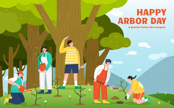 Illustration Teenagers Planting Watering Together Hills Nearby Forest Suitable Arbor — Vector de stoc
