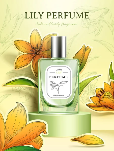 Illustratie Van Oranje Lelie Thema Groene Parfum Glazen Fles Met — Stockvector