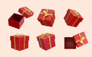 Altın kurdeleyle sarılı kırmızı hediye kutularının üç boyutlu tasviri açık ve yakın çekimler açık pembe arkaplanda farklı açılardan izole edilmiş. Doğum günü partisi ve şenlikli kutlama için uygun..