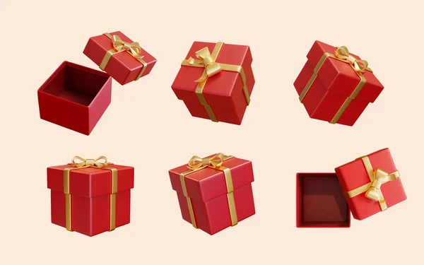 Ілюстрація Червоних Подарункових Коробки Обгорнуті Золотою Стрічкою Відкриті Закриті Макети — стоковий вектор