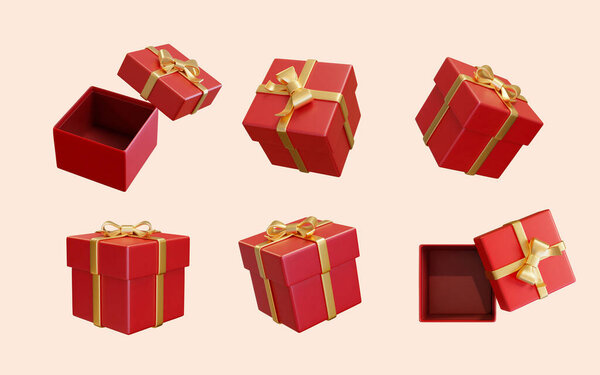 3D Illustration of red giftboxes wrapped with gold ribbon open and close mockups in different angle isolated on light pink background. Suitable for birthday party and festive celebration.