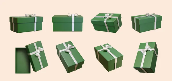 3Dシルバーリボンで包まれた緑のギフトボックスのイラストが開き ライトピンクの背景に隔離された異なる角度でモックアップを閉じます 誕生日パーティーやお祝いに適しています — ストックベクタ