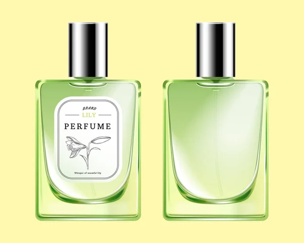 三维描绘绿色香水玻璃瓶与银帽模型设置与淡黄背景隔离 一个有标签 一个没有标签 — 图库矢量图片